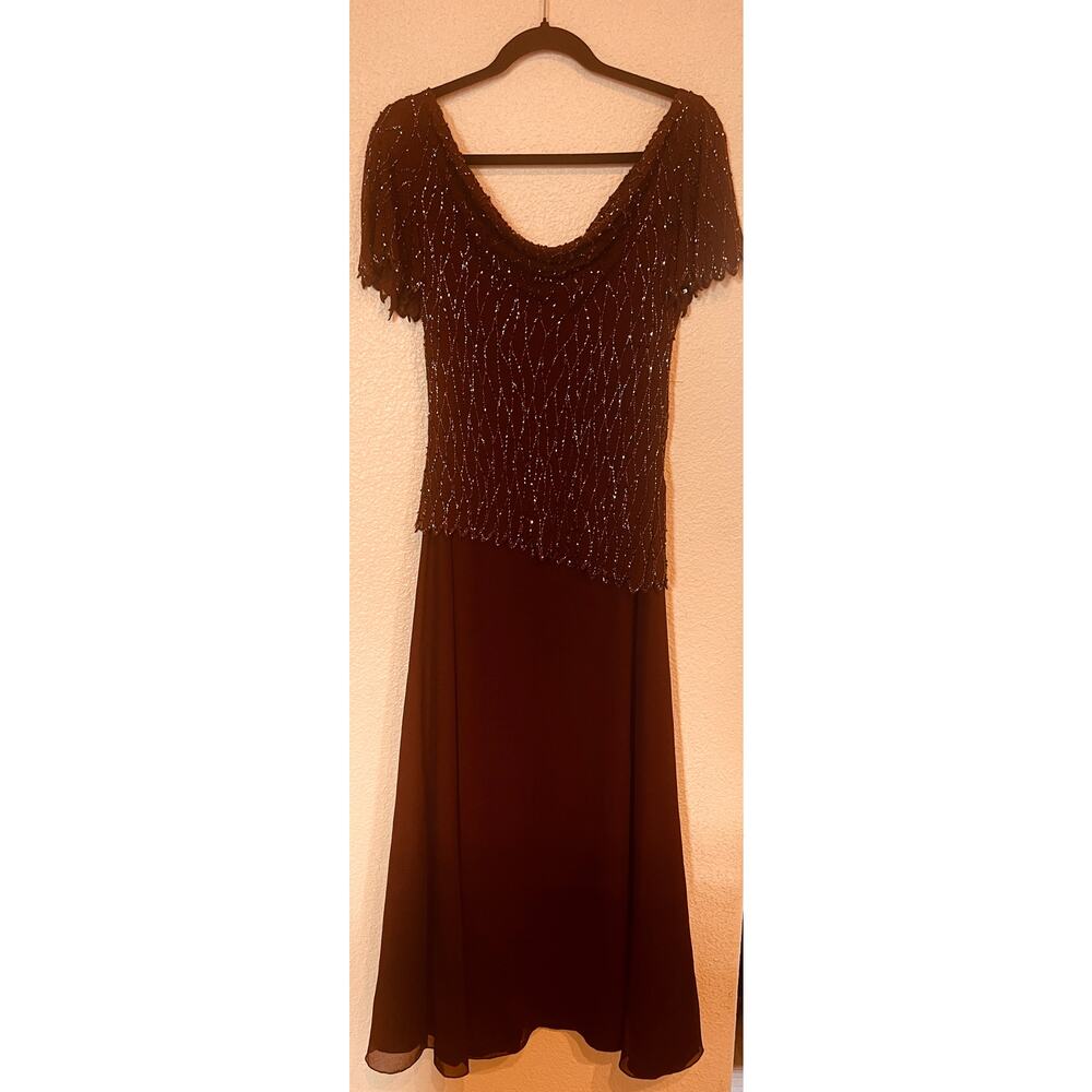 Beaded Cocktail Dress Burgundy Sheer Overlay Midi Formal Evening Dress Size 6